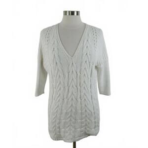 Express Womens Cable Knit 1/2 Sleeve V Neck White Tunic Sweater S